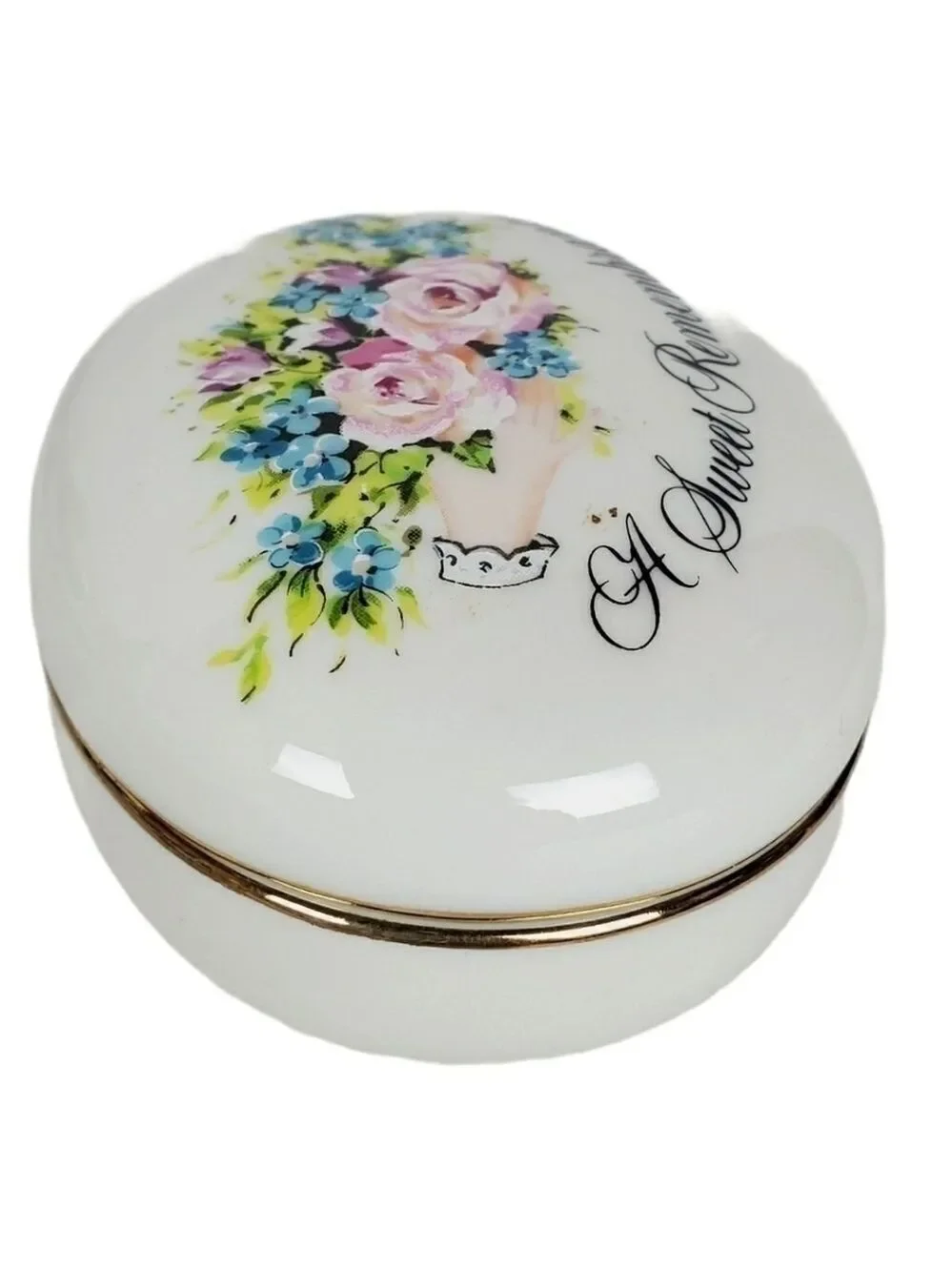 Vtg floral Rose porcelain trinket box 22k gold